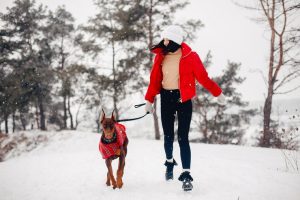 young girl with dog in snow